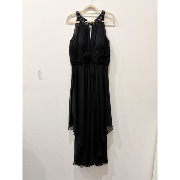 Eliza J Embellished Halter Neck Tiered Fit & Flare Chiffon Gown Black Women's 14 - Picture 2 of 5